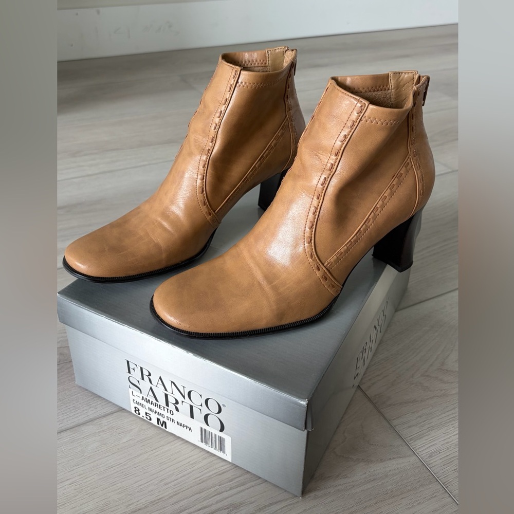 Franco Sarto Camel/Tan Leather Block Heel Ankle Booties